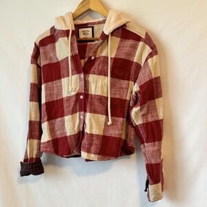 American Eagle Distressed Cropped Hooded Flannel Women Sz Medium Cream/Red Plaid